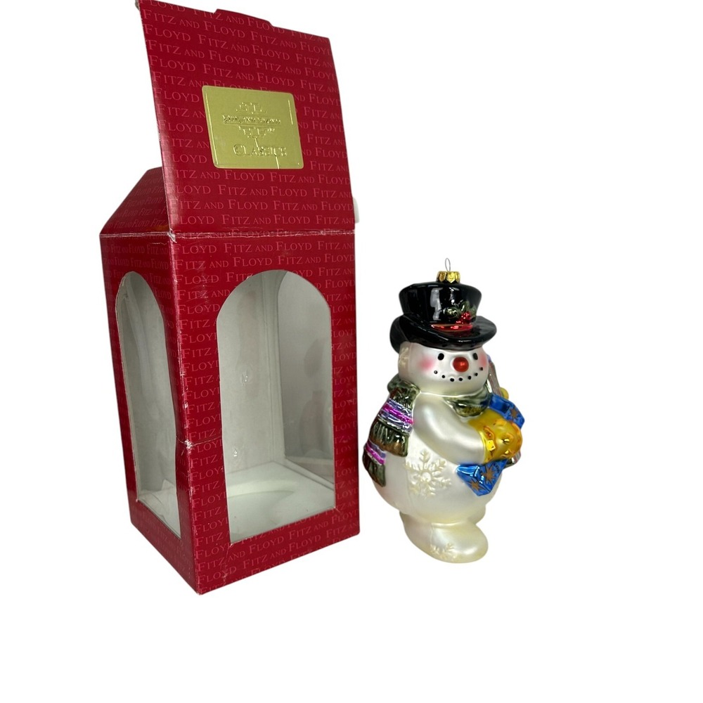 Vintage Fitz And‎ Floyd Frosty Flakes Snowman Large Hand Blown Glass Ornament Rk